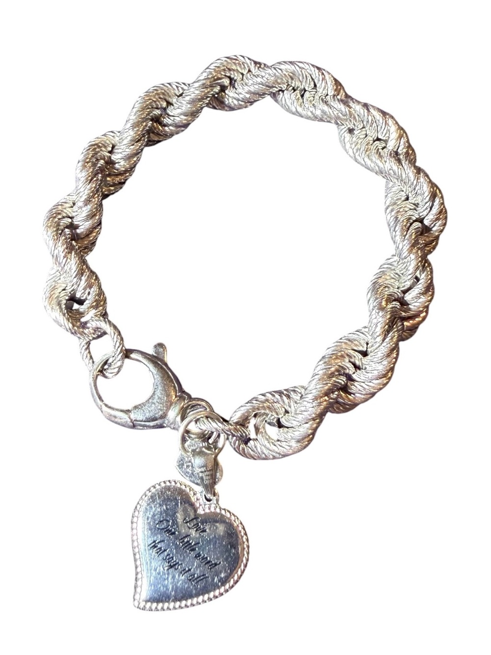 Very Chunky Milor Silver Twisted Rope Bracelet with Heart Pendant 8”